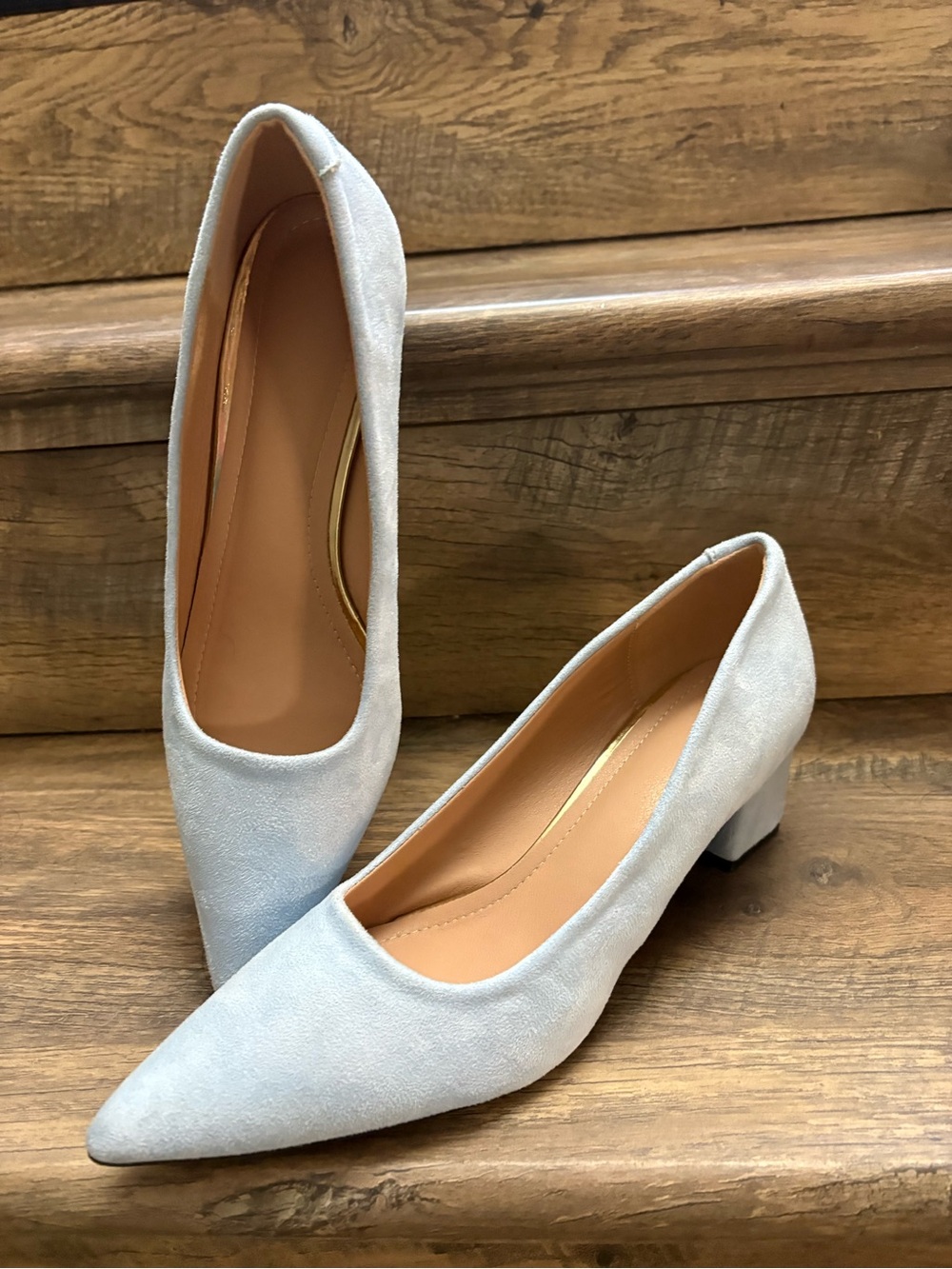 Classic Pointed Toe Low Block Heel Pumps in Light blue